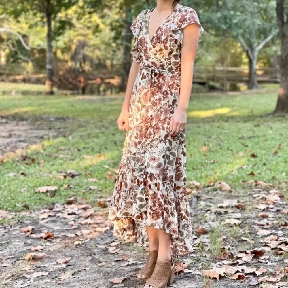 DREW Terra Vnt Garden flrl lined wrp drss w ruffl & hi/low hem SZ S feminine